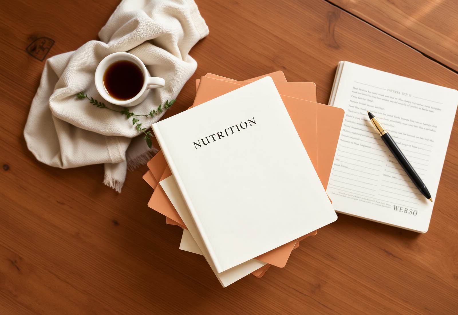 A notebook, warm drink and food styling representing Olga Ugrymova’s free nutrition resources