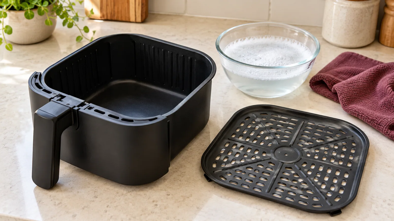 Cooled air-fryer basket and removable tray beside a soft cloth for gentle cleaning