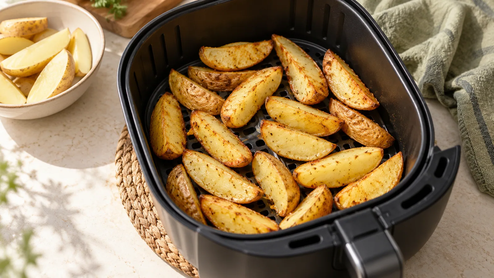 Pale-golden potato wedges spread in a single layer in an air-fryer basket