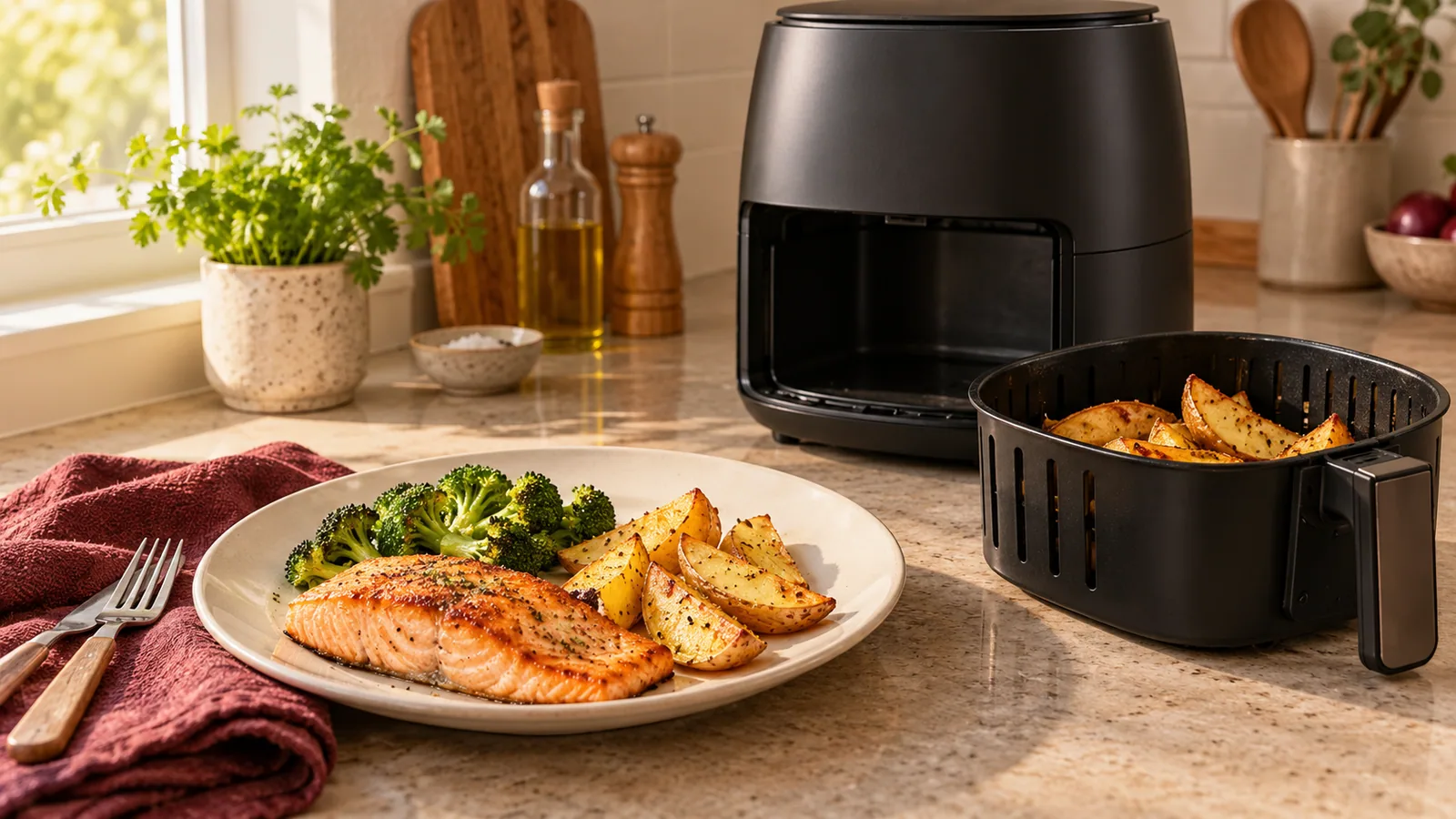 Salmon, broccoli and golden potato wedges on a plate beside an air fryer and its basket
