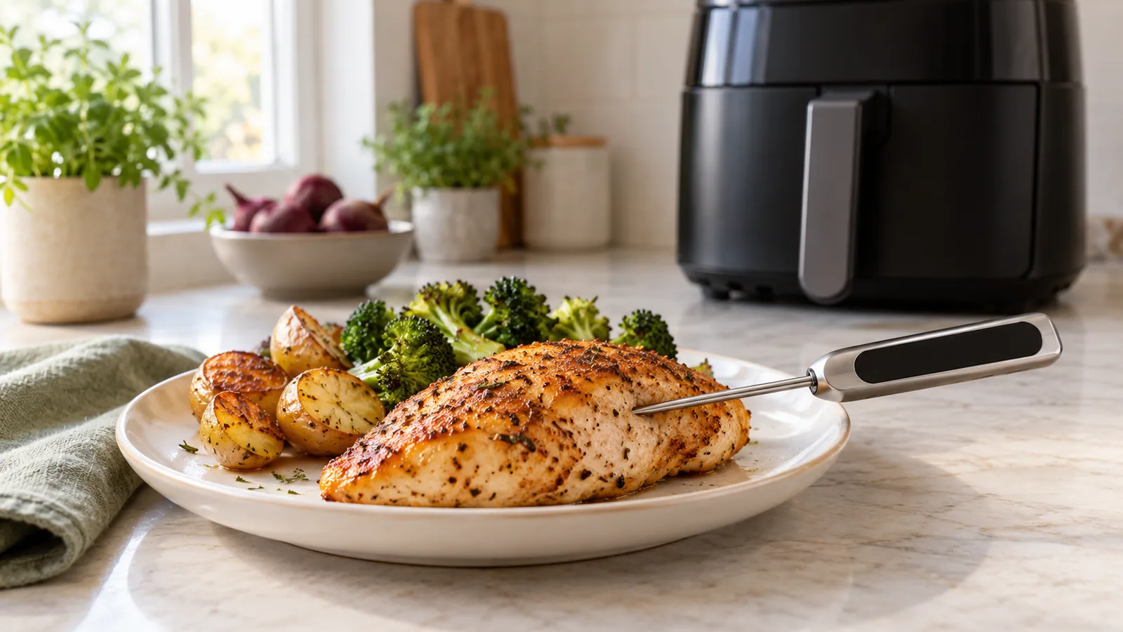 Food thermometer probe inserted sideways into the thickest part of a cooked chicken breast