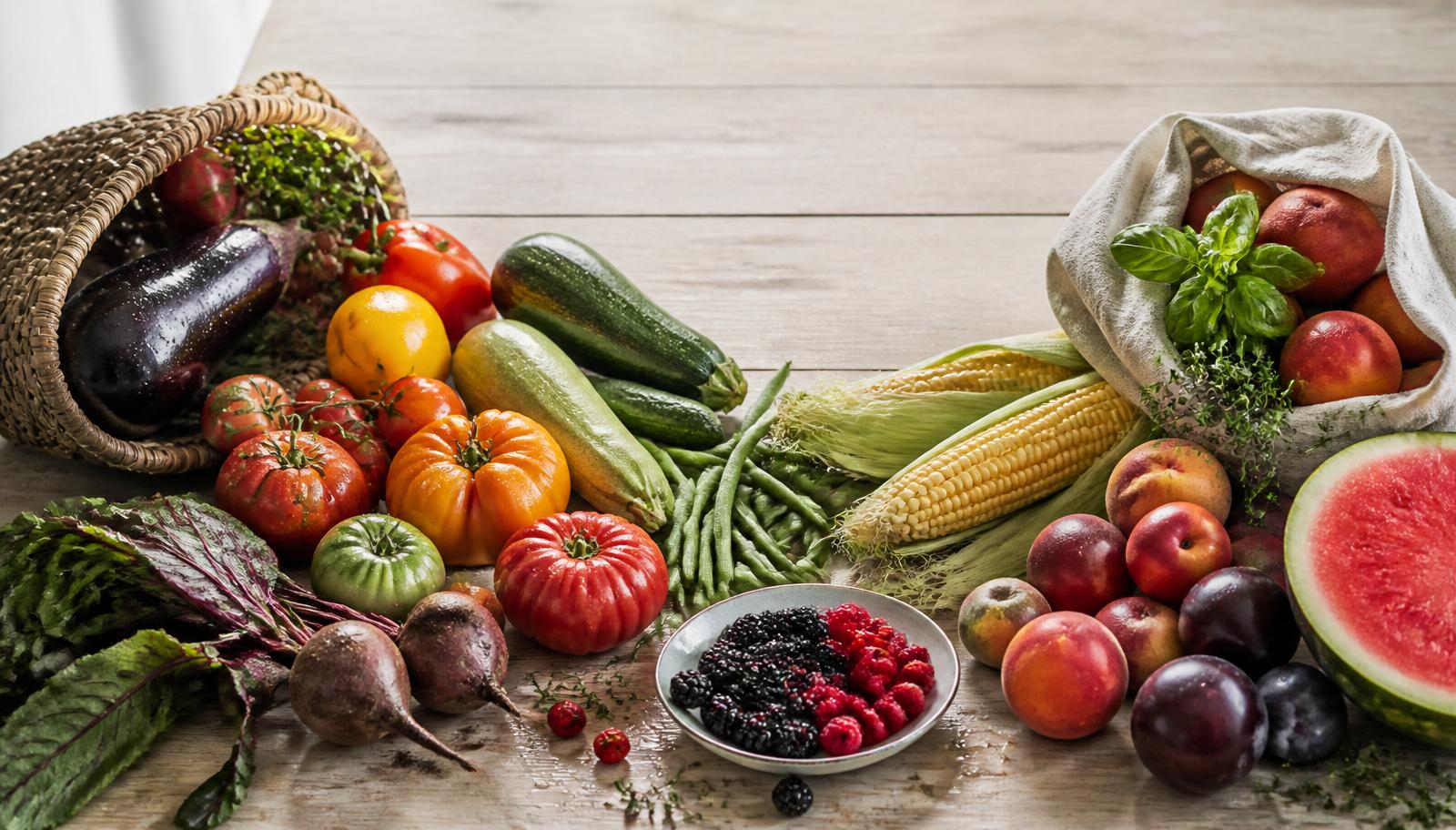 August seasonal fruit and vegetables including tomatoes, courgettes, peppers, berries, peaches and plums