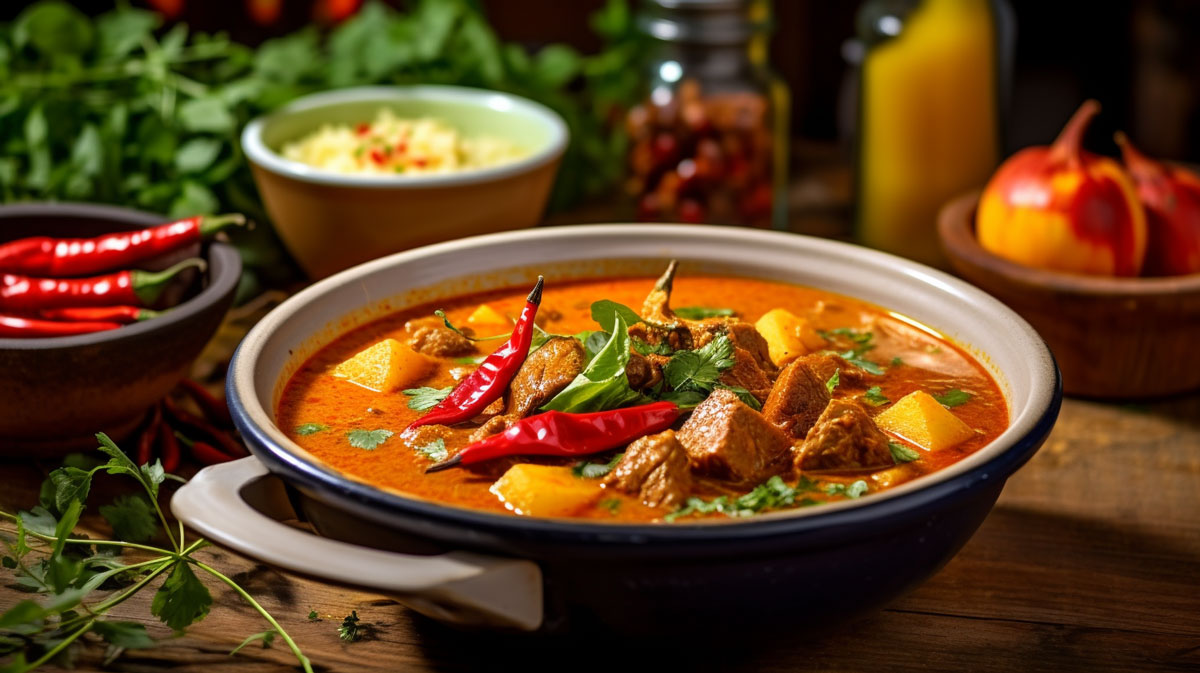 A dining table scene showcasing a bowl of rich coconut stew