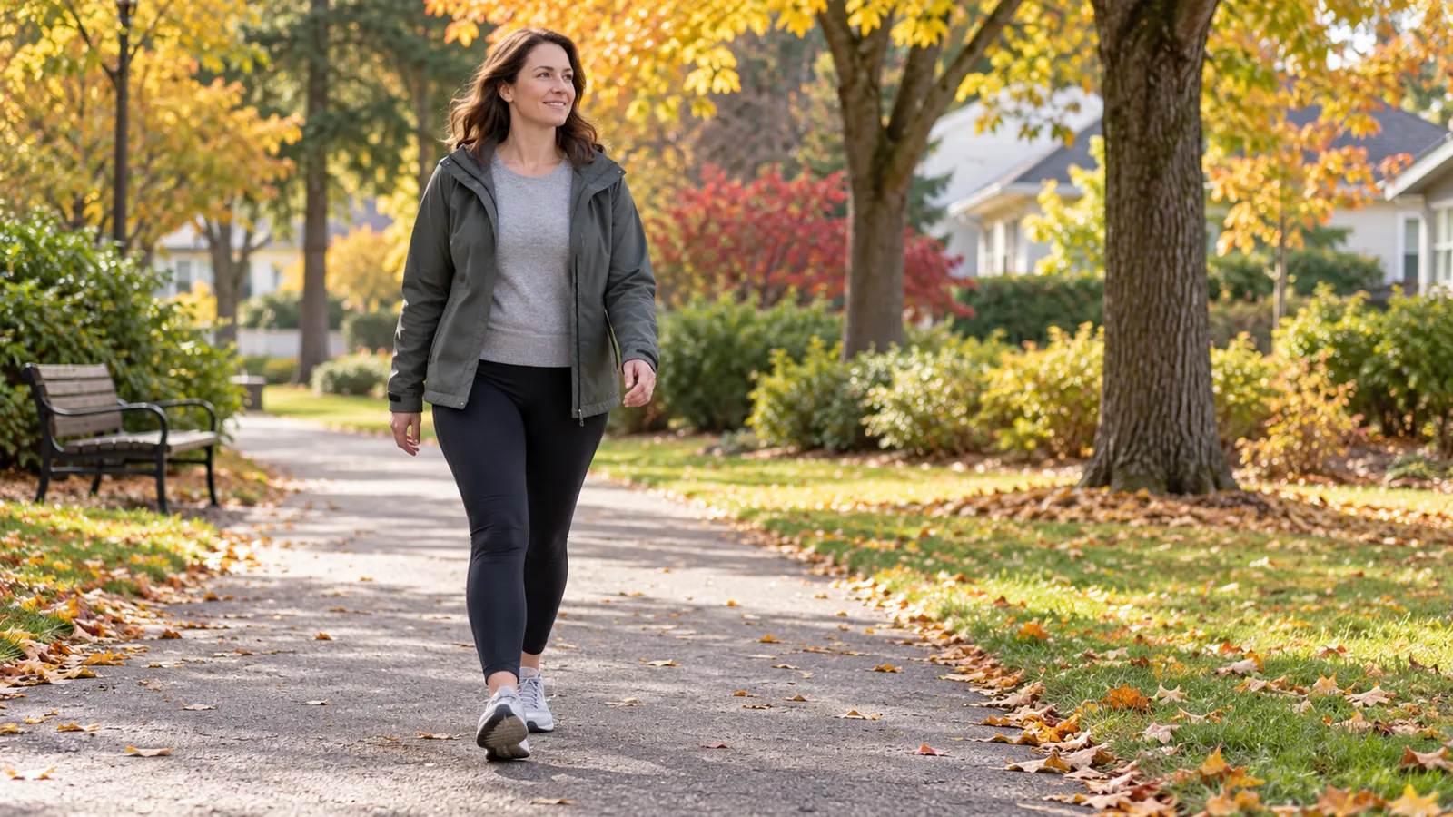 Woman in a gray jacket and sneakers walking comfortably along a neighborhood path with autumn trees