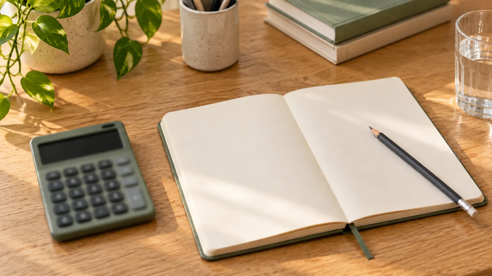 Open blank notebook and pencil beside a sage calculator and water glass on a wooden desk