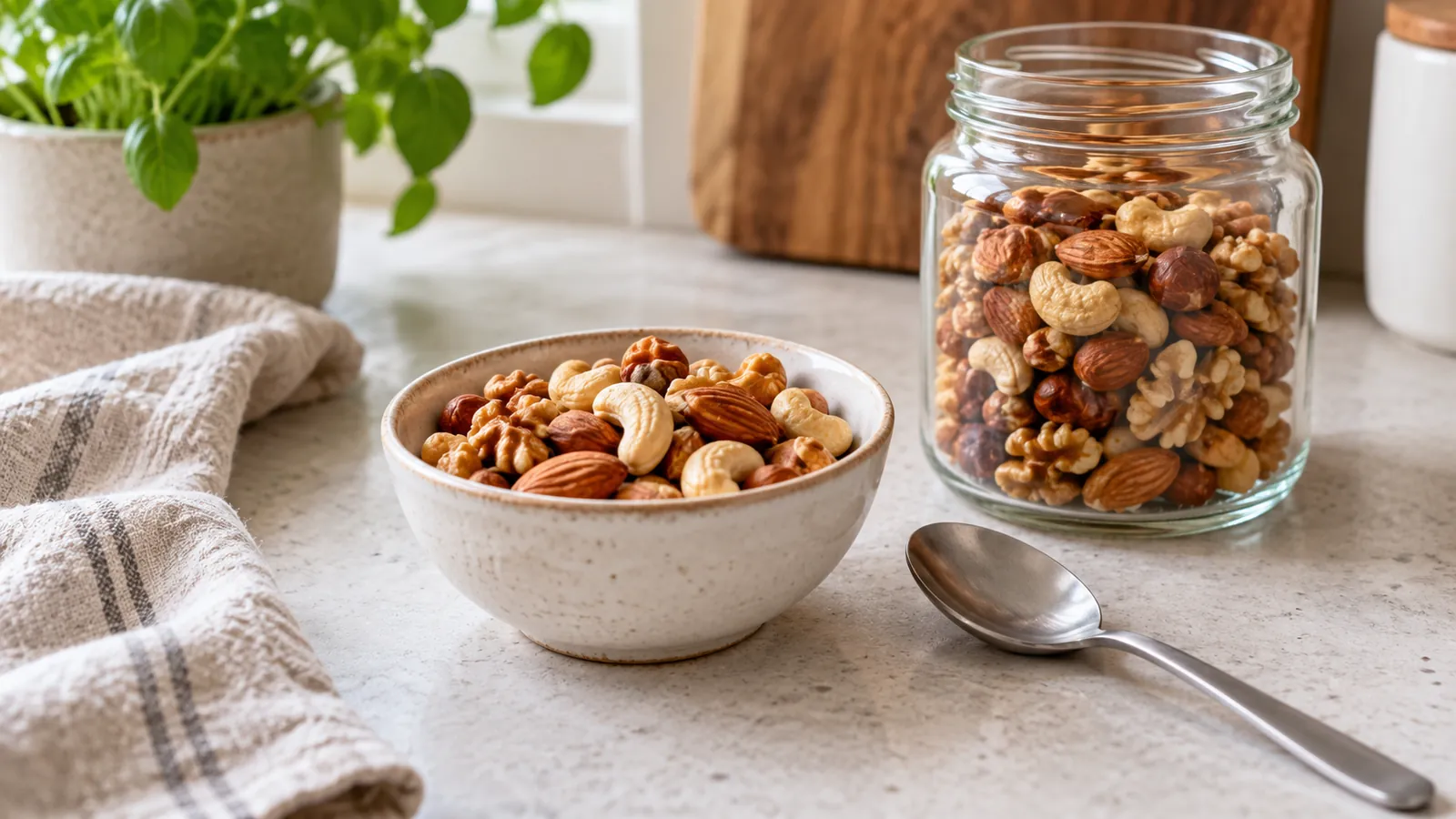 Small ceramic bowl of mixed nuts beside an open glass jar and a metal tablespoon on a kitchen counter