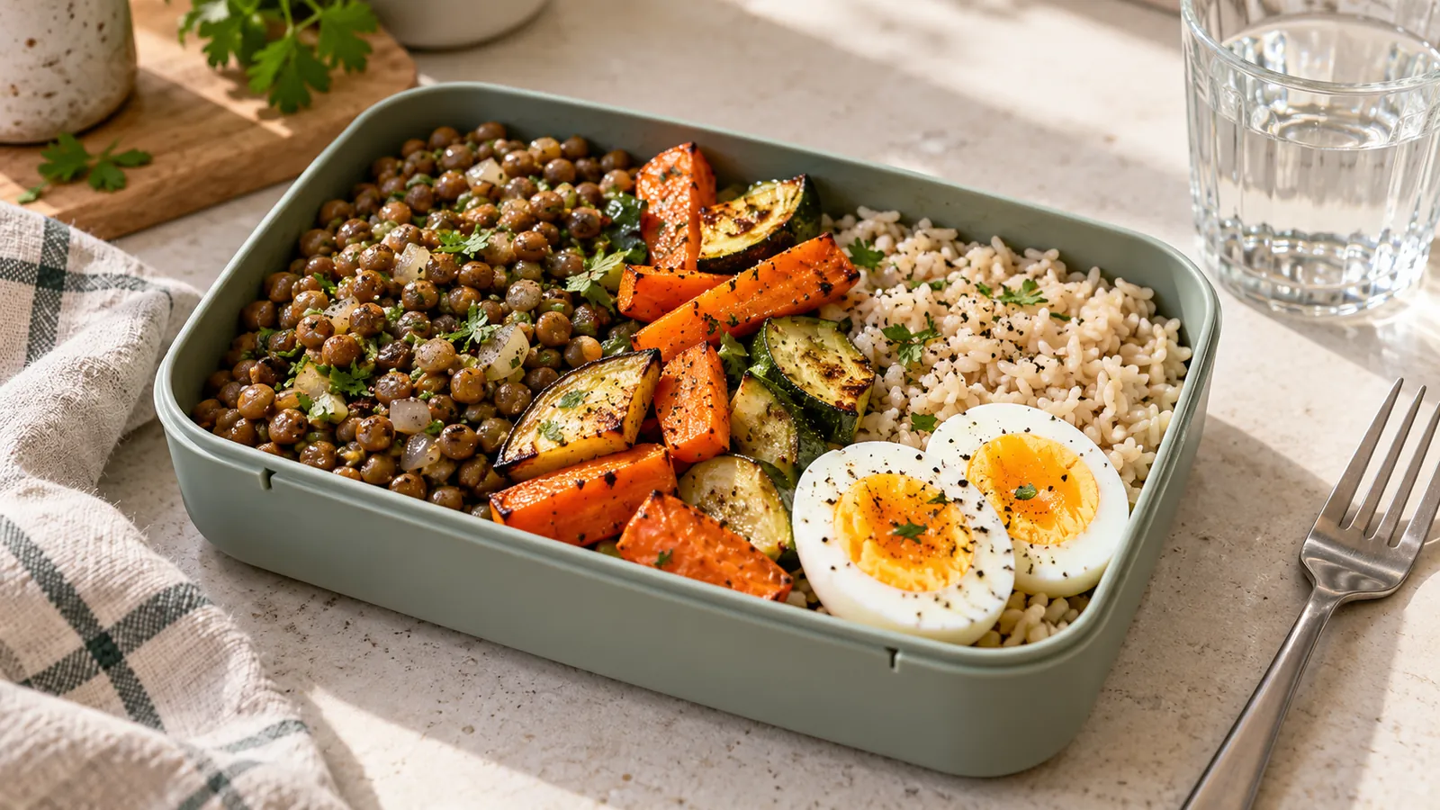 Lunchbox with lentils, rice, roasted carrots and zucchini, and a boiled egg beside a water glass
