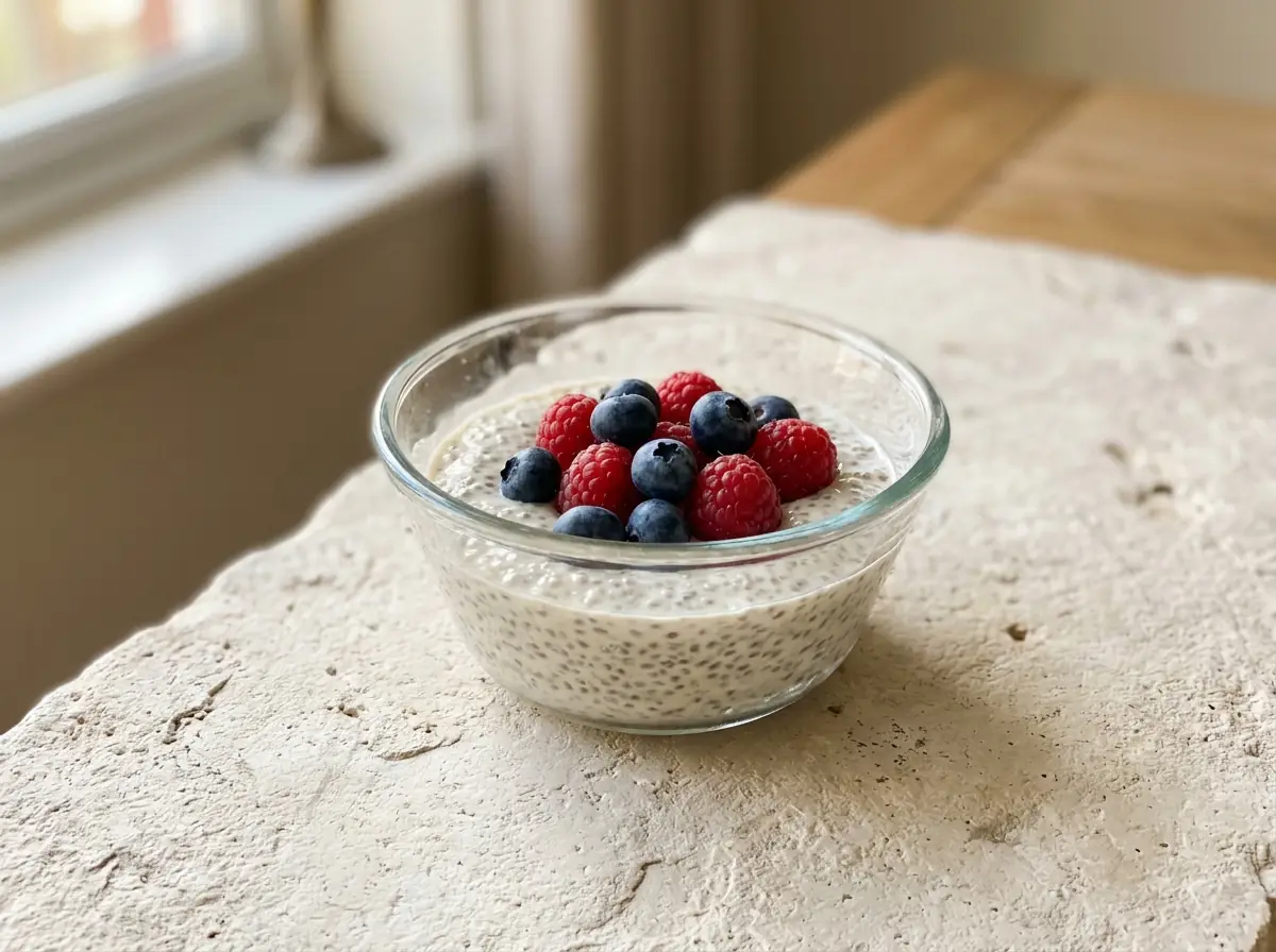 Chia pudding topped with raspberries and blueberries in a glass bowl