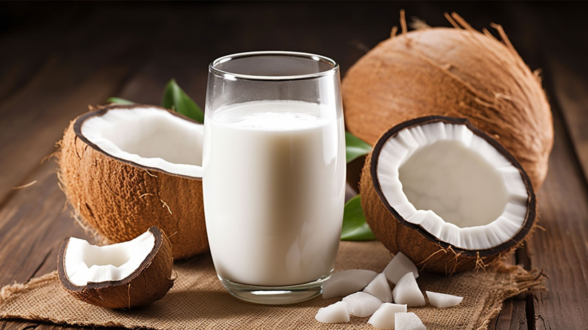 A glass of coconut milk on a table with fresh opened coconut next to it