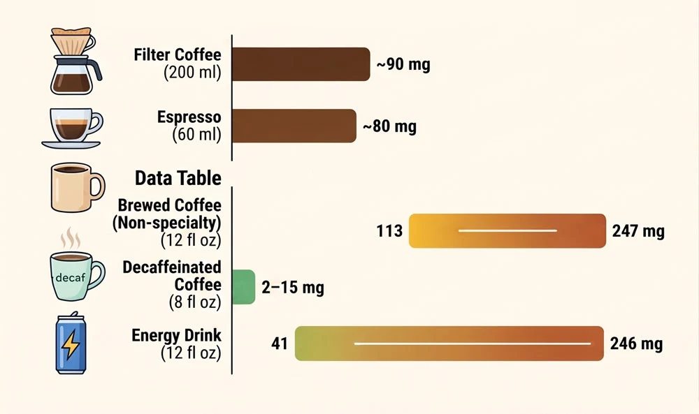Comparison of approximate caffeine content in filter coffee, espresso, brewed coffee, decaffeinated coffee and energy drinks