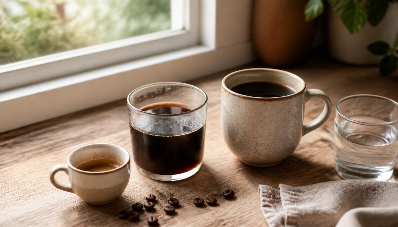Three different sizes of black coffee illustrating variations in daily coffee consumption