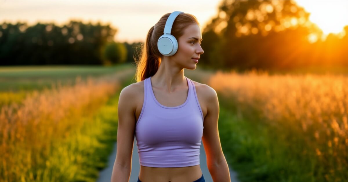 Woman walking outdoors at sunset wearing headphones — dopamine steps wellness trend