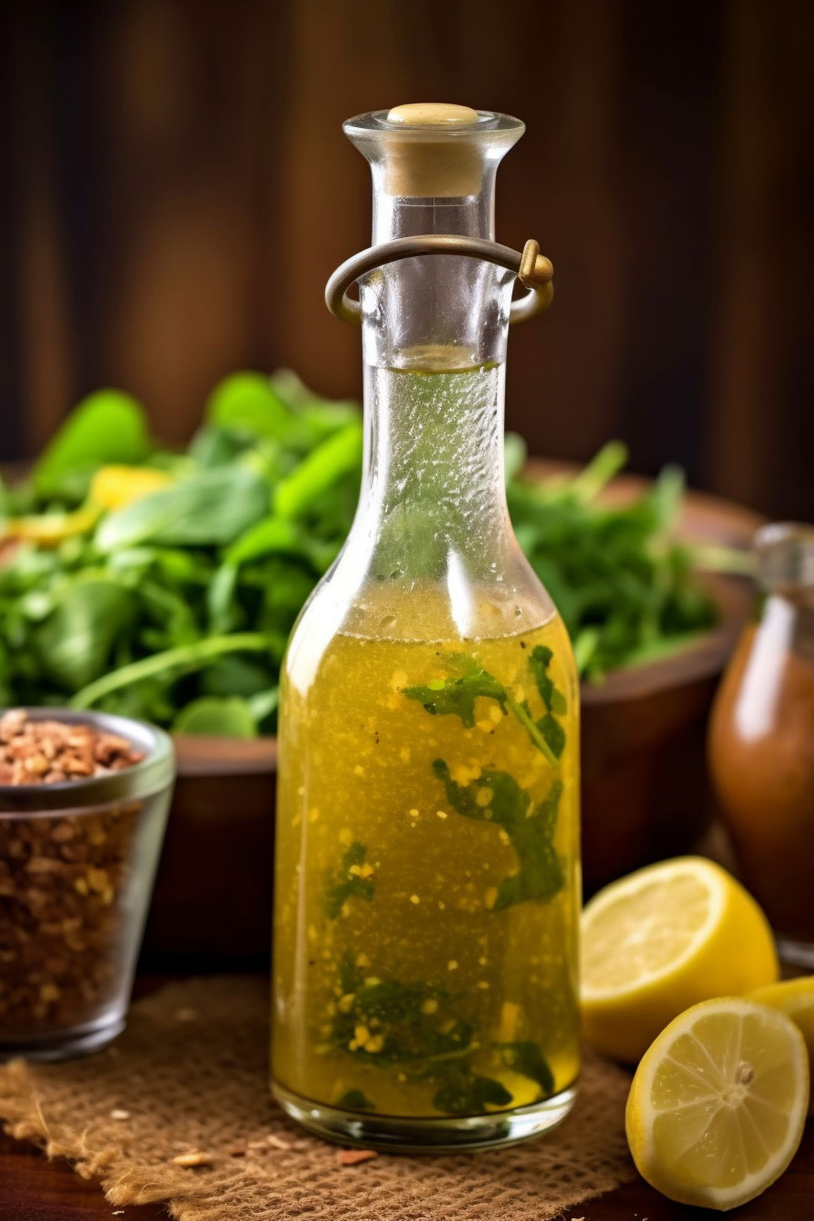 dressing for vegan Lentil salad - blend of olive oil fresh mustard and a lemon