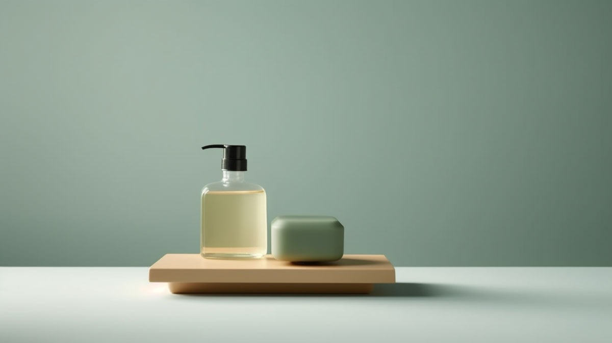 eco-friendly soap bar and liquid soap on a wooden tray