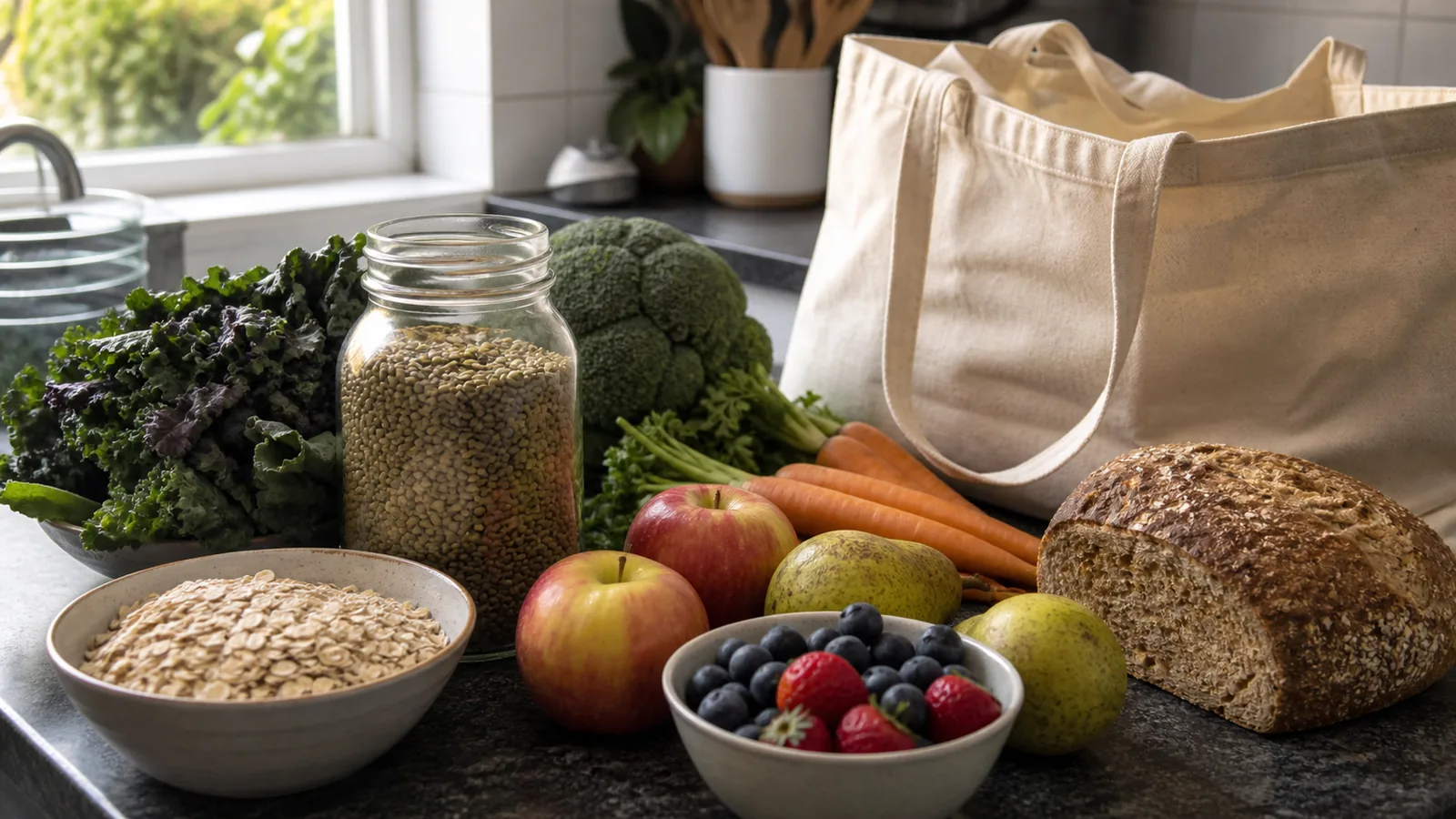 Everyday fiber-rich foods with lentils, oats, berries, pears, vegetables, whole-grain bread, nuts and seeds