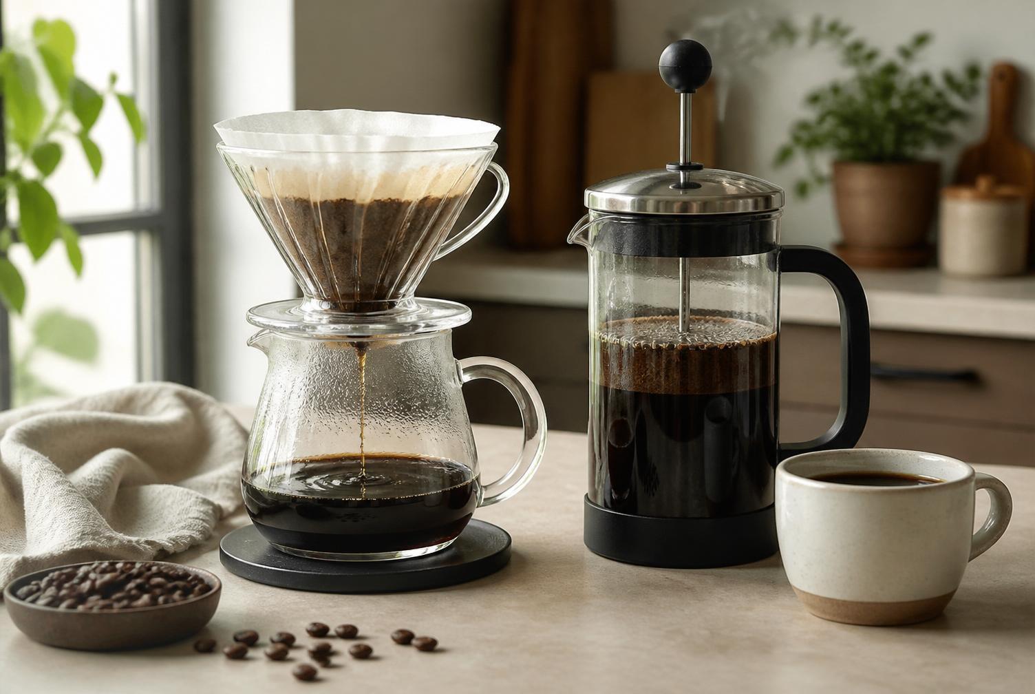 Paper-filter pour-over coffee beside a French press illustrating filtered and unfiltered brewing methods