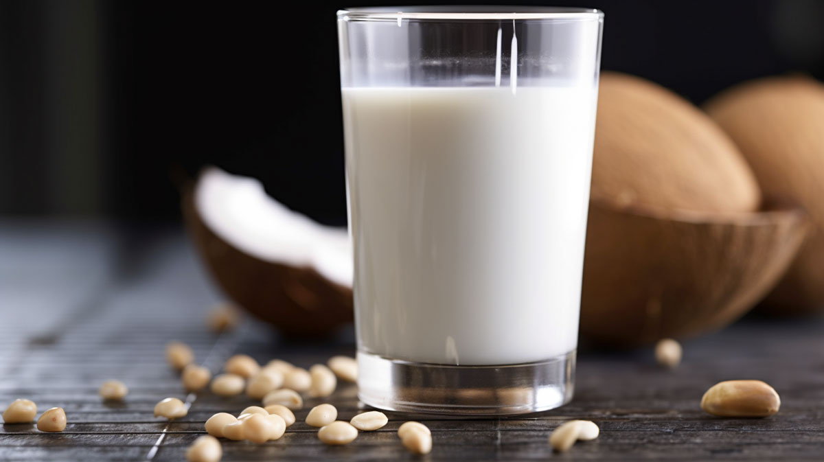Healthy coconut milk in a glass on a table