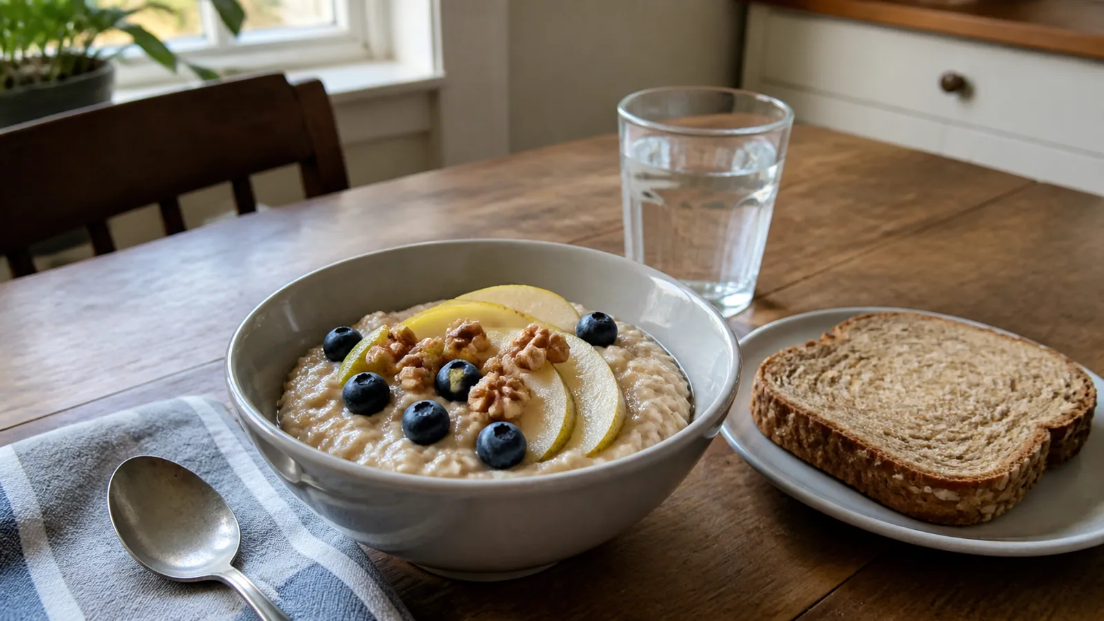 Simple breakfast fiber swap with oatmeal, berries, pear, walnuts and whole-grain toast in a home kitchen