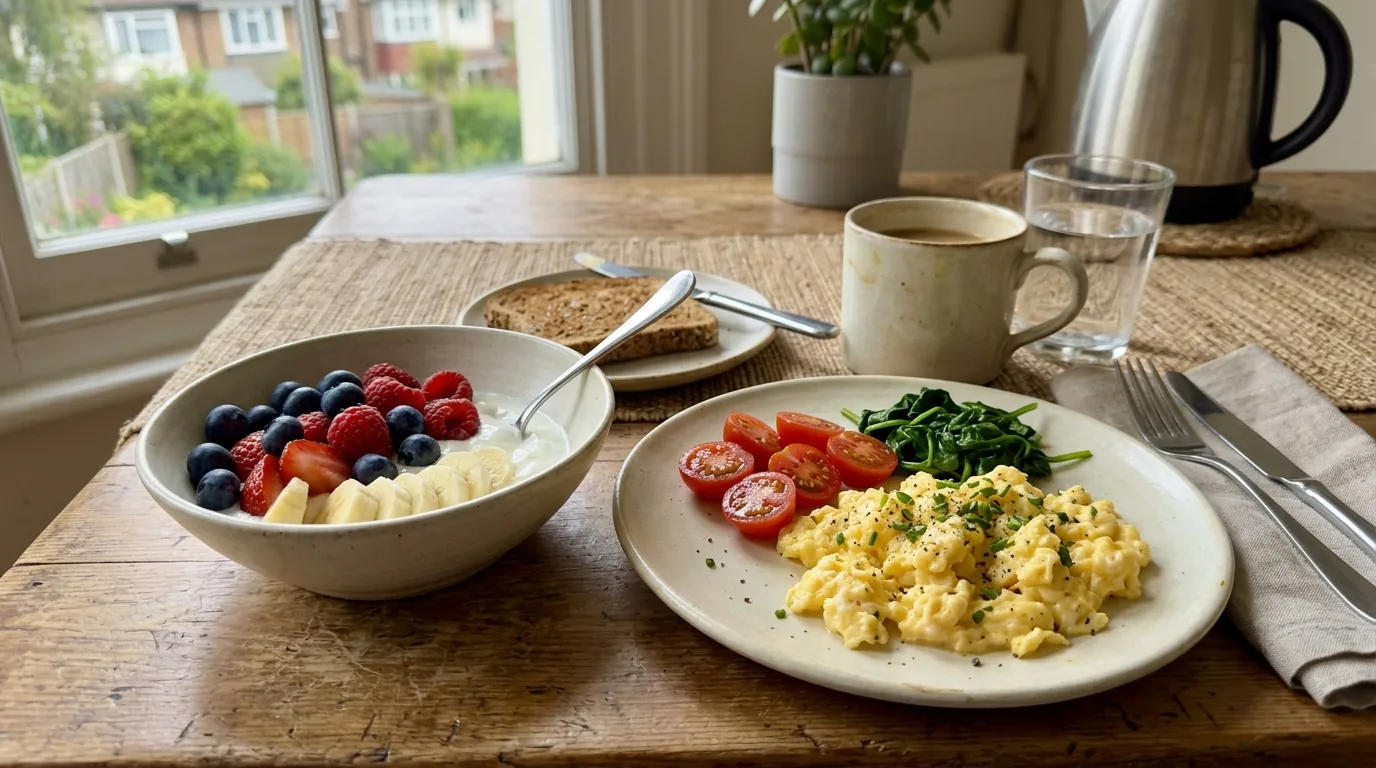 A balanced breakfast with eggs, yogurt and fresh berries on a wooden table