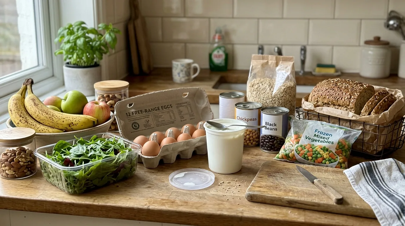 A well-stocked kitchen counter with eggs, beans, whole-grain bread, oats and other simple staples