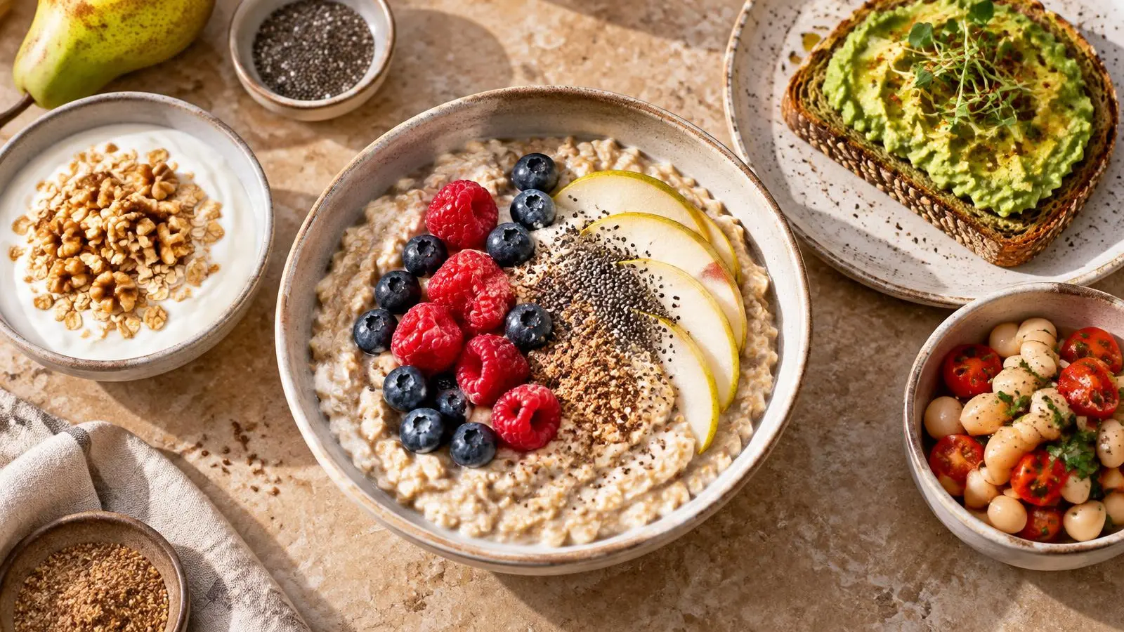 High-fiber breakfast spread with berry oatmeal, pear, chia seeds, whole-grain avocado toast, yoghurt, walnuts and white beans