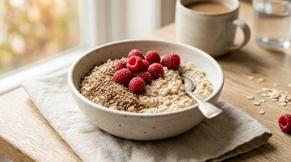Oatmeal with raspberries and ground flaxseed for a high-fiber breakfast