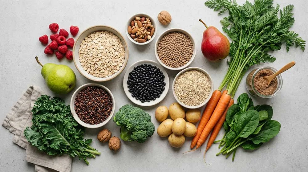 High-fiber foods including oats, lentils, beans, berries, pears, seeds and vegetables