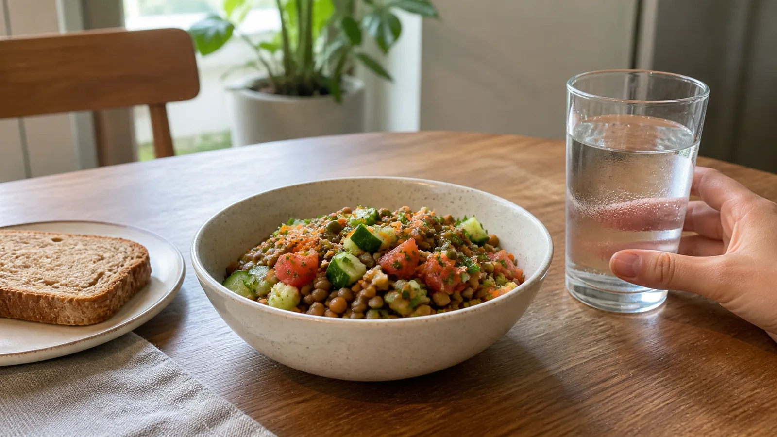 Everyday lunch with lentil salad, whole-grain bread, vegetables and a glass of water on a kitchen table