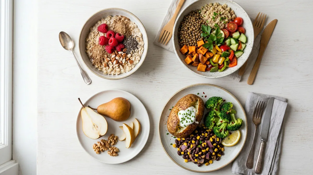 30 grams of fiber daily meal plan with oats, lentils, fruit, beans and vegetables