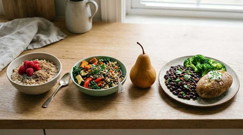 One-day high-fiber meal plan with breakfast, lunch, snack and dinner