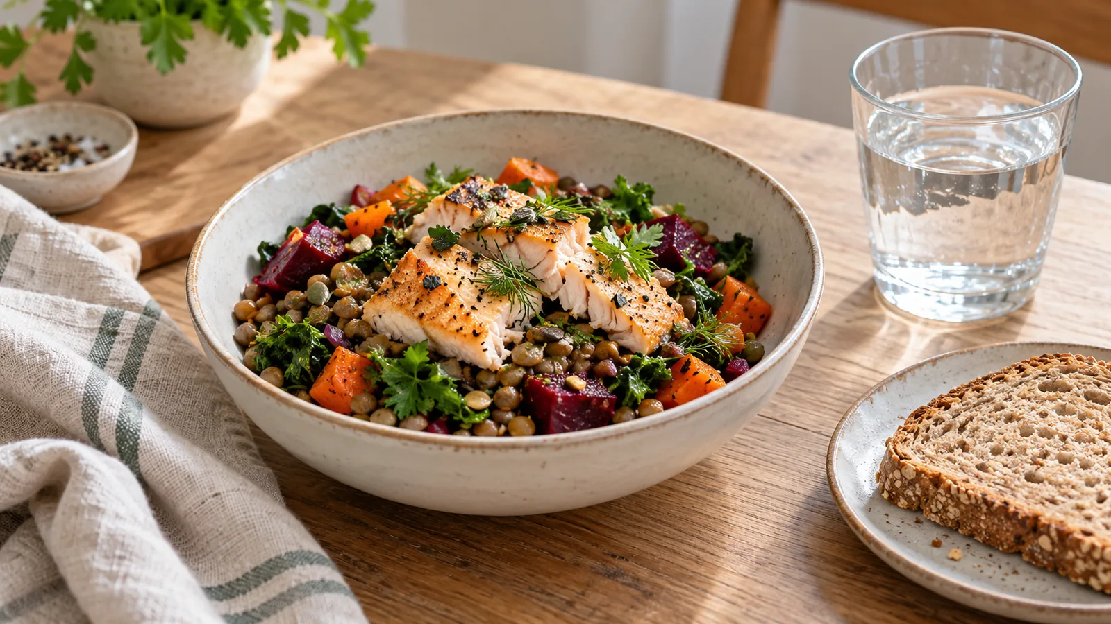 Bowl of fish, lentils and roasted vegetables beside whole-grain bread and a glass of water