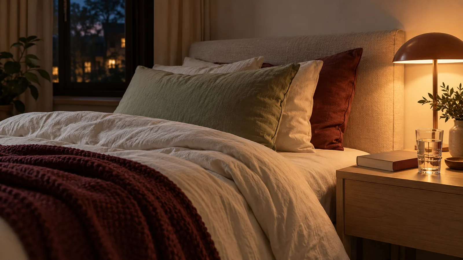 Quiet bedroom with sage and ivory bedding, a warm bedside lamp, a closed book and a glass of water