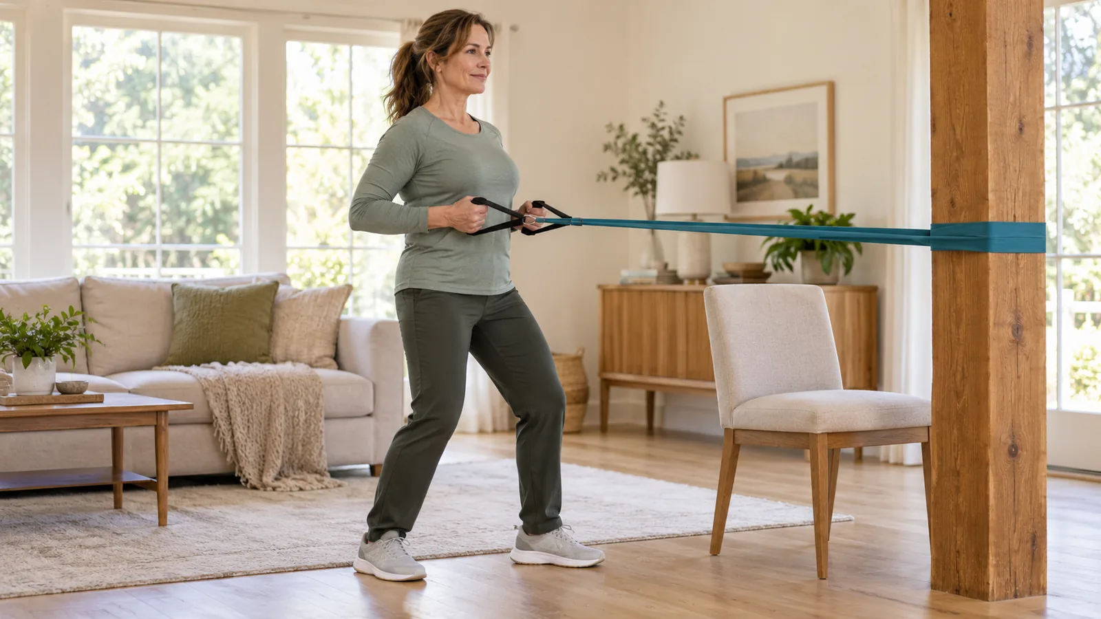 Woman in comfortable activewear performing a standing resistance-band row beside a chair at home