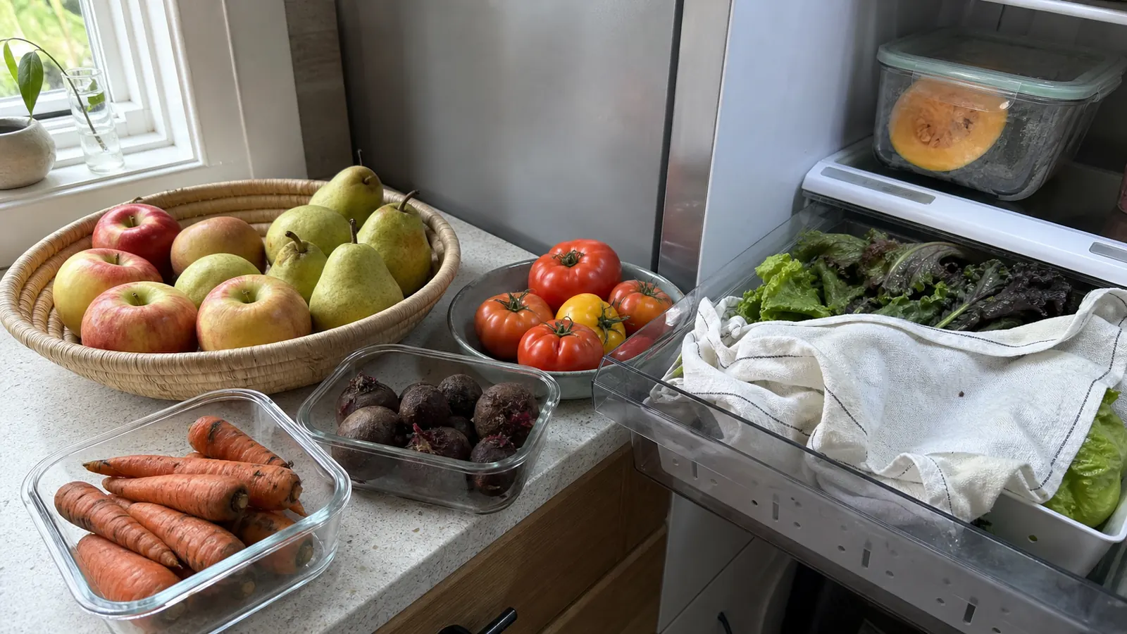 Apples, pears and tomatoes on a kitchen counter with carrots, beets, leafy greens and cut squash stored in a refrigerator