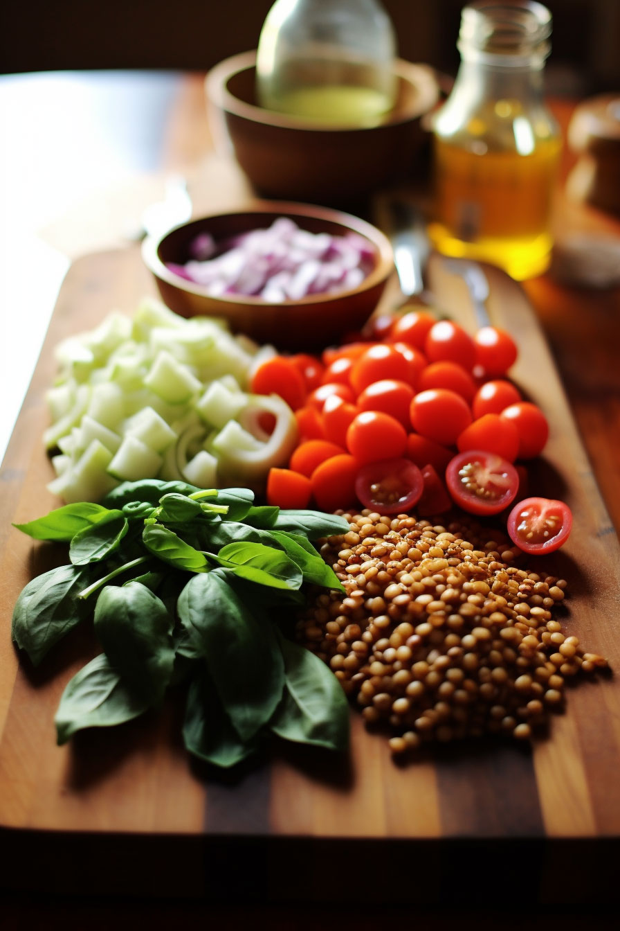 Chopped tomatoes, cucumbers and lentil on a wooden board close look