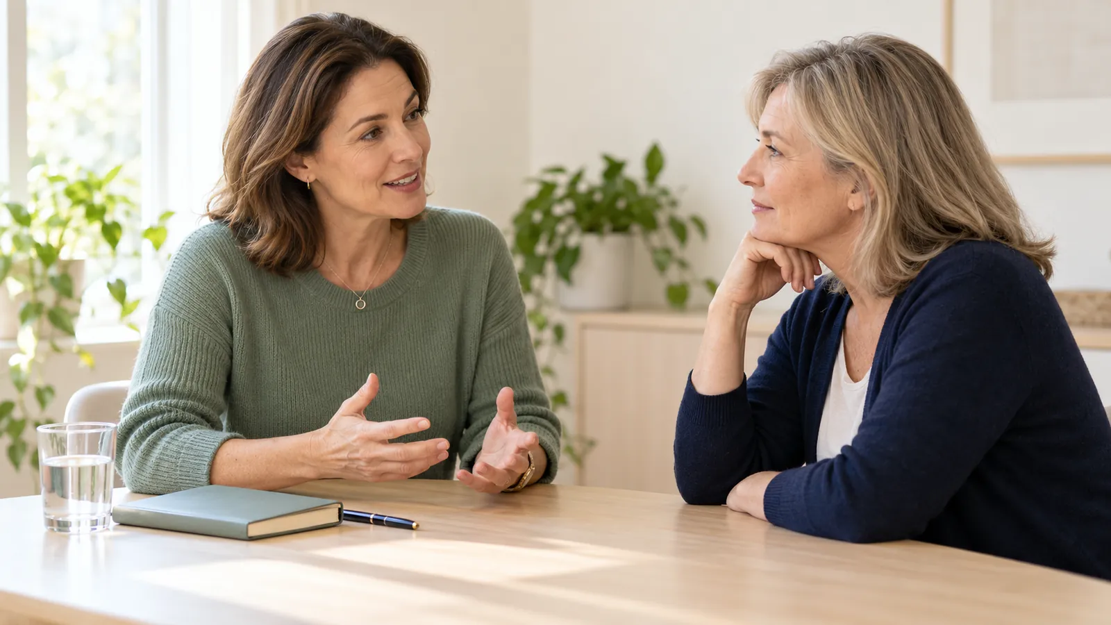 Two women in sage and navy knitwear talking across a consultation table with a notebook and water glass