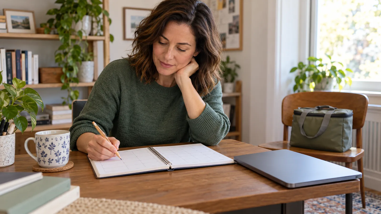Woman in a green sweater reviewing a blank weekly planner beside a closed laptop, with a lunch bag on a chair