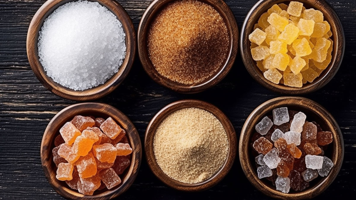 different sugar types in different bowls view from the top