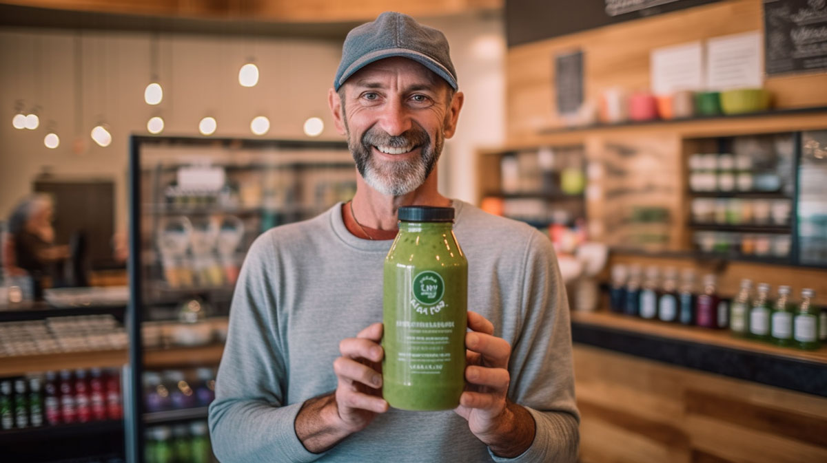 ф man standing in a shop and holding a smoothie bottle in his hands