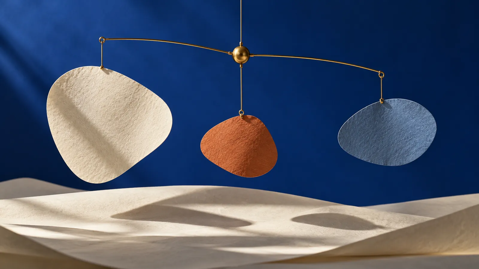 Suspended brass mobile with three differently sized ivory, terracotta and blue paper forms casting shadows