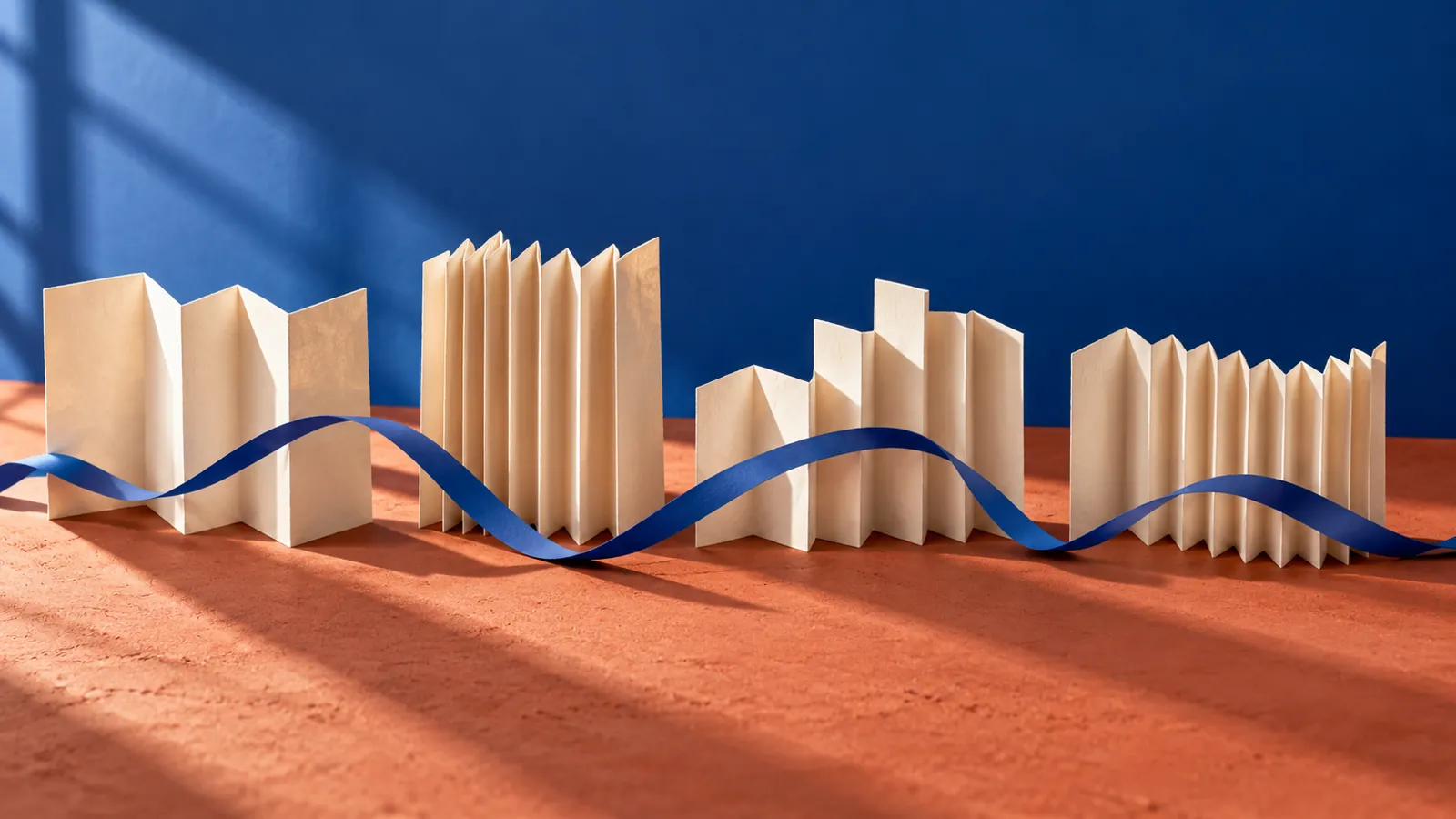 Four differently folded ivory paper forms with an undulating blue ribbon against a terracotta and blue background