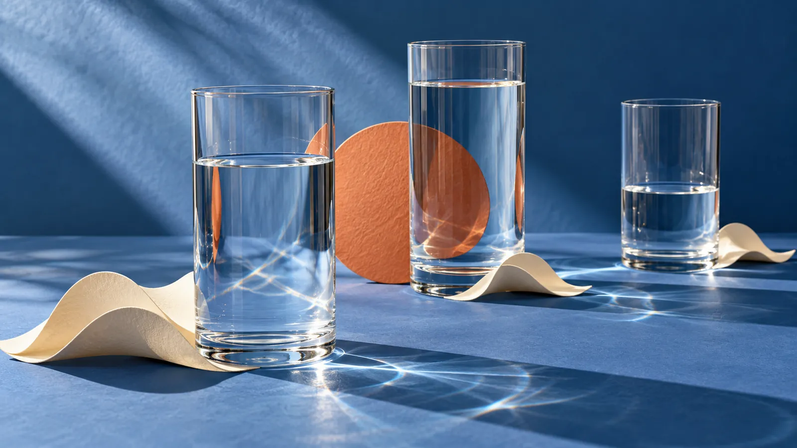 Three clear glasses holding different levels of water beside ivory paper waves on a blue studio surface