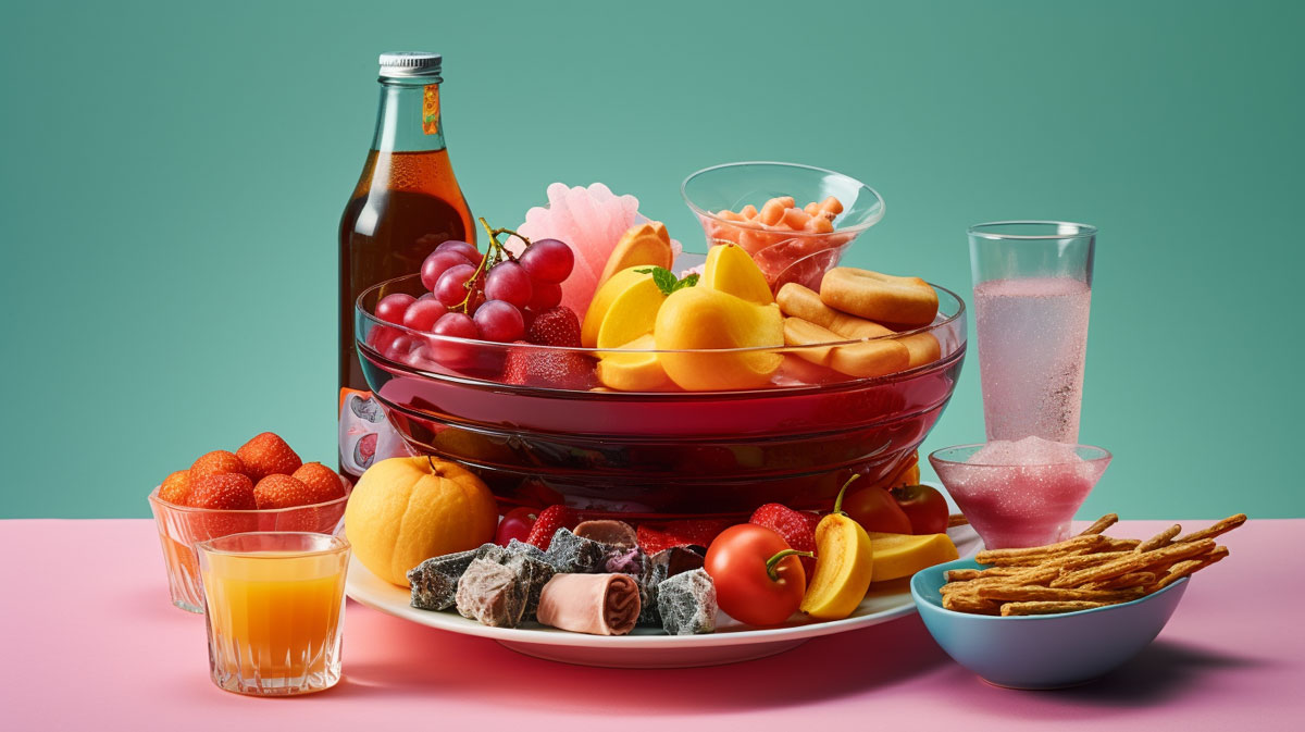 A bowl of fresh fruits and a plate with candies and sweets