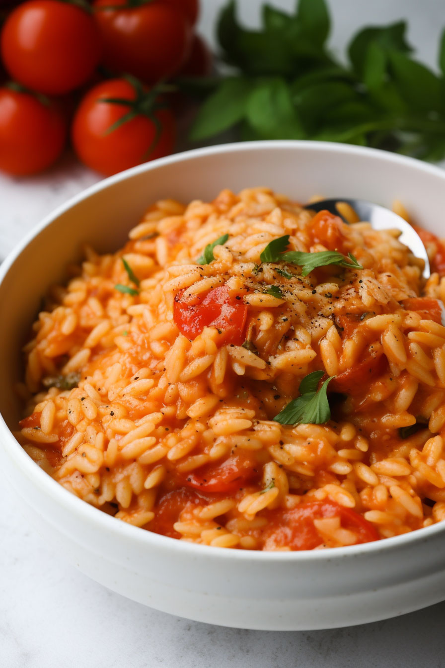 tomato orzo served in a white bowl with ingredients behind