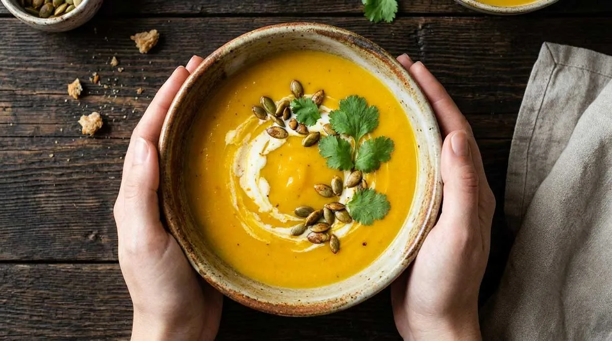 Bowl of creamy rutabaga soup topped with pumpkin seeds and fresh coriander