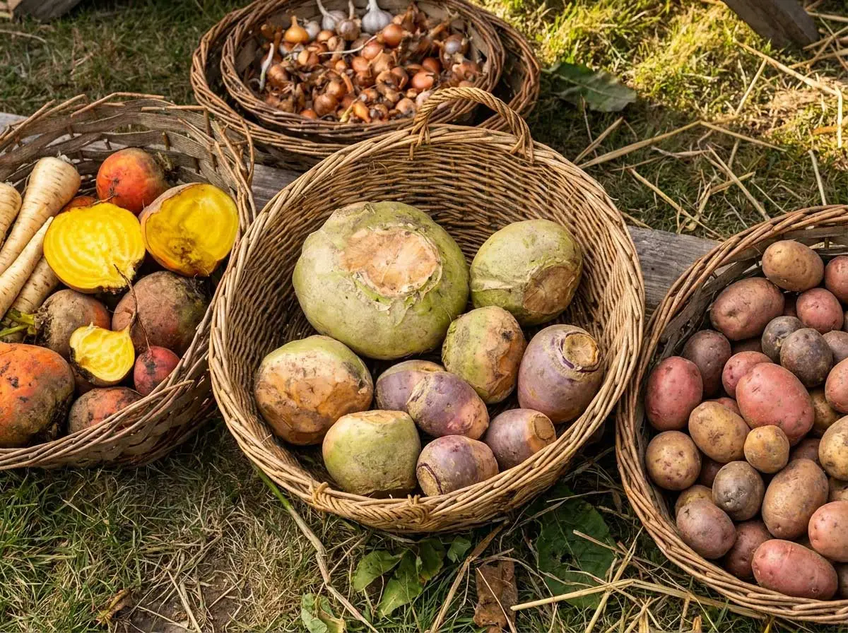 Baskets of freshly harvested rutabaga, beetroot, parsnips and potatoes