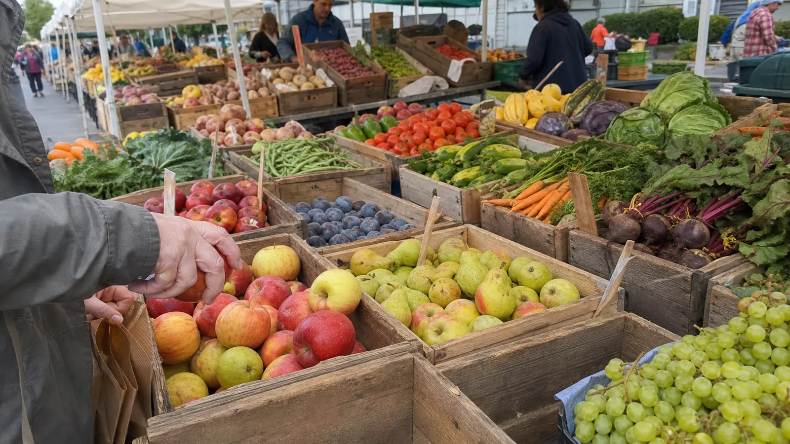 September farmers’ market crates filled with apples, pears, grapes, plums, tomatoes, beans, carrots, beets and cabbage