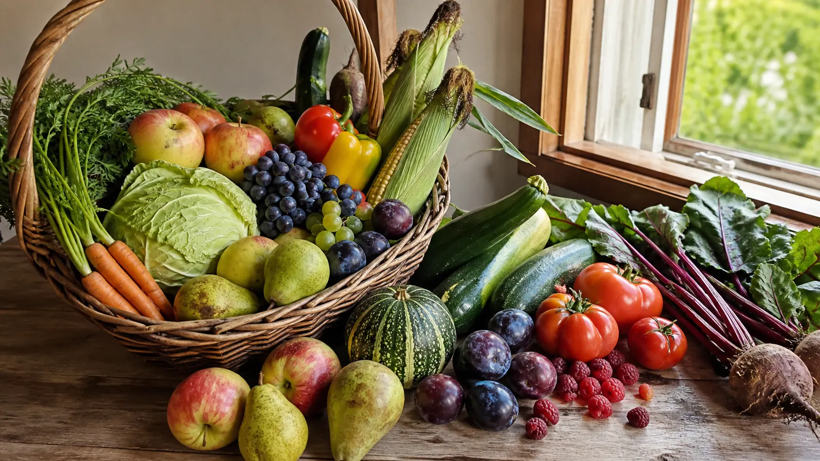 September harvest of apples, pears, grapes, plums, tomatoes, corn, carrots, beets, cabbage and squash on a wooden kitchen table