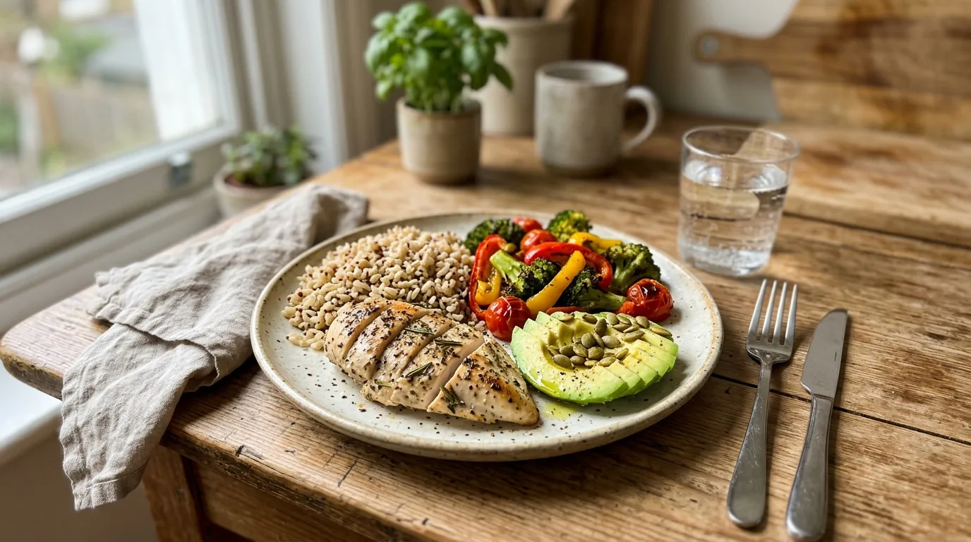 A simple balanced meal with roasted vegetables, salmon, quinoa, olive oil and walnuts on a ceramic plate