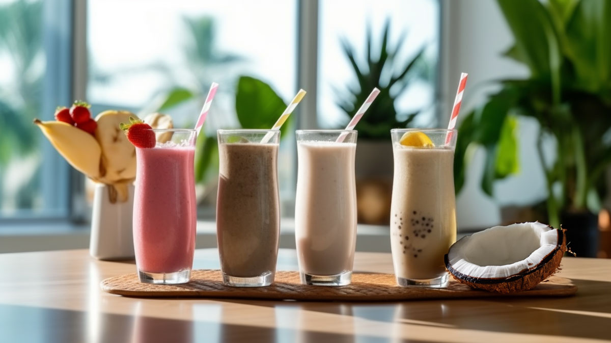 4 different smoothies with coconut milk on the kitchen table
